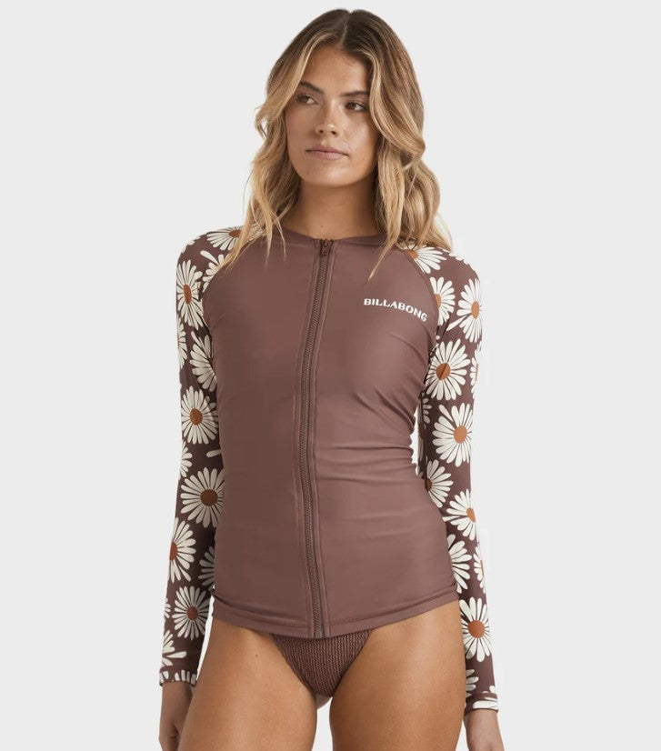 Billabong Fresh Daze Pipa Long Sleeve Rash Vest in espresso with floral arms from front close up on a model