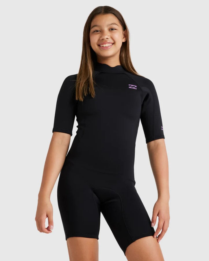Billabong Girls 2mm Foil BZ Spring Wetsuit in black on model from front