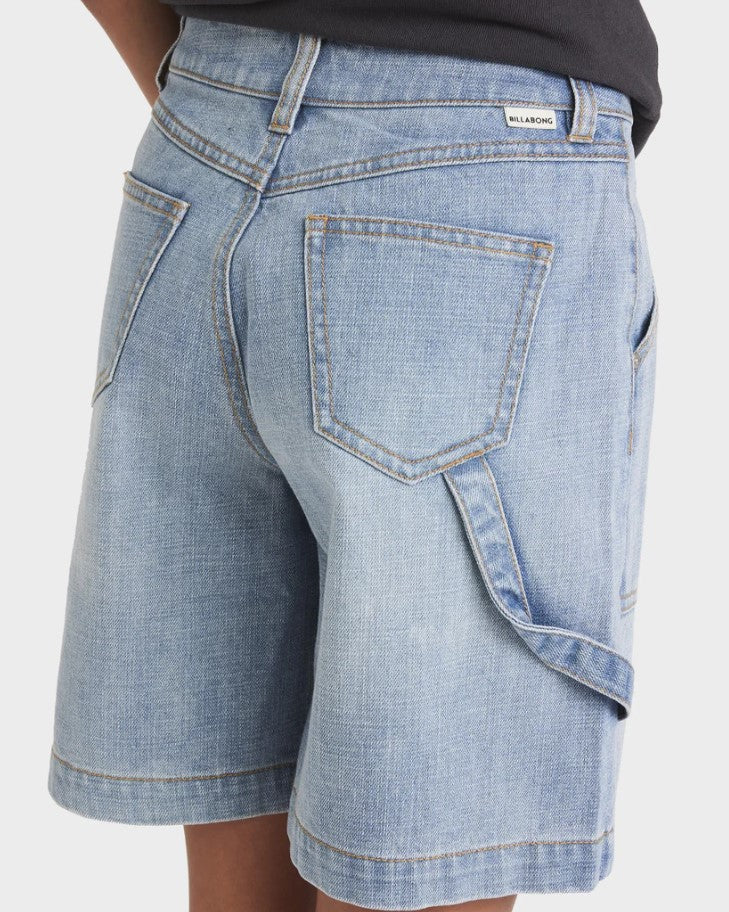 Billabong Mindy Girls Denim Shorts close up from rear in water colourway