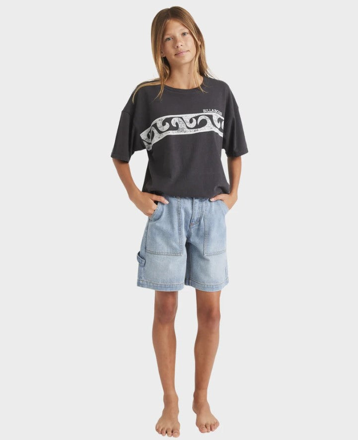 Billabong Mindy Girls Denim Shorts in water colourway on young model from front