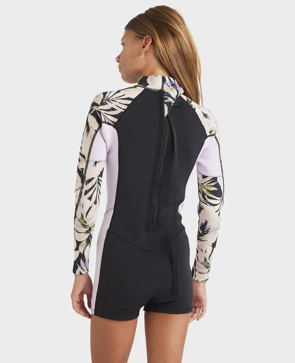 Billabong Girls Spring Fever 2mm Long Sleeve Wetsuit  in black with floral print arms from rear