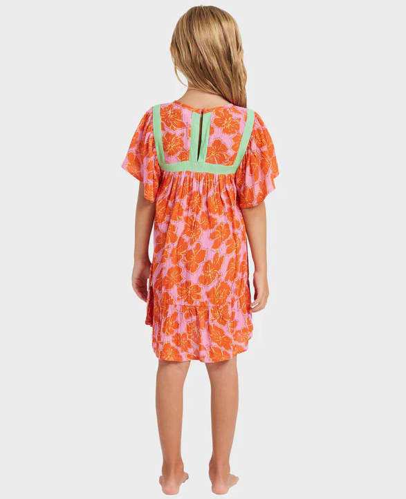 Billabong Happy Hibiscus Toddler Dress in party pink colourway on toddler from rear