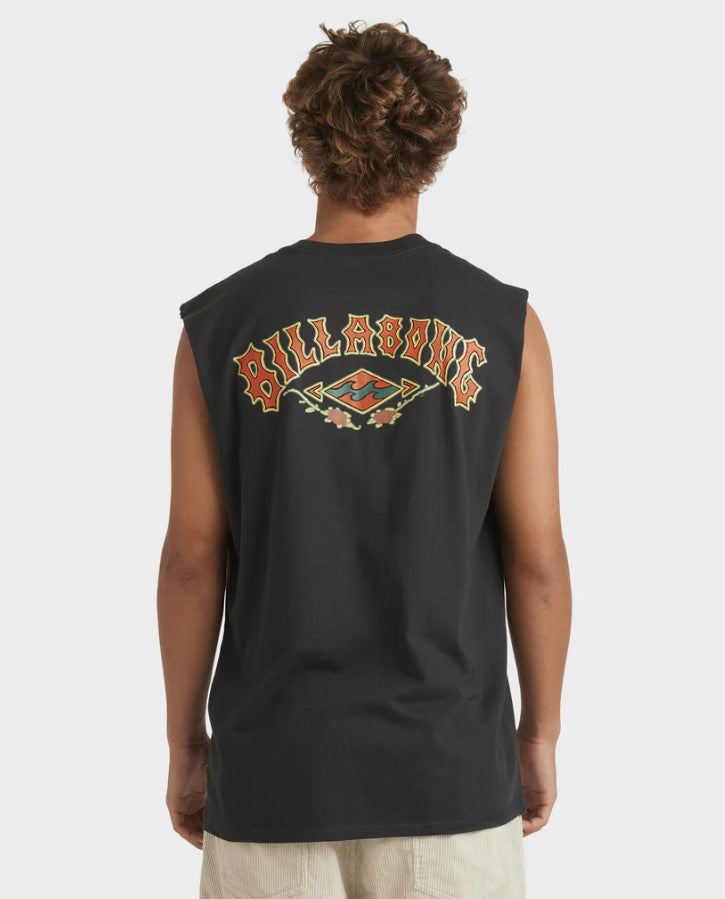 Billabong Heritage Arch Muscle Top in washed black from rear on model