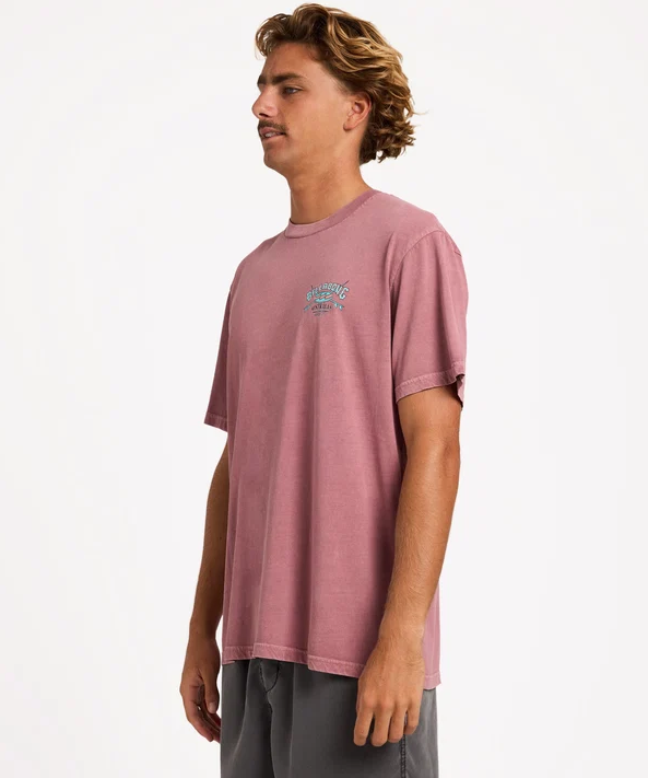 Billabong Heritage Arch Wave Wash Premium T-Shirt in red dahlia colourway on model from the side