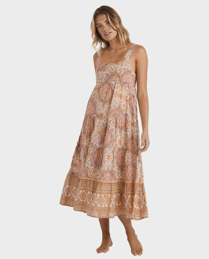 Billabong Just For You Shine On Midi Dress in a floral/paisley style print on model from front