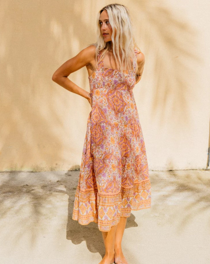 Billabong Just For You Shine On Midi Dress in floral paisely style on woman with shady background