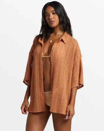 Billabong Largo Overshirt open in toffee colourway on model from front