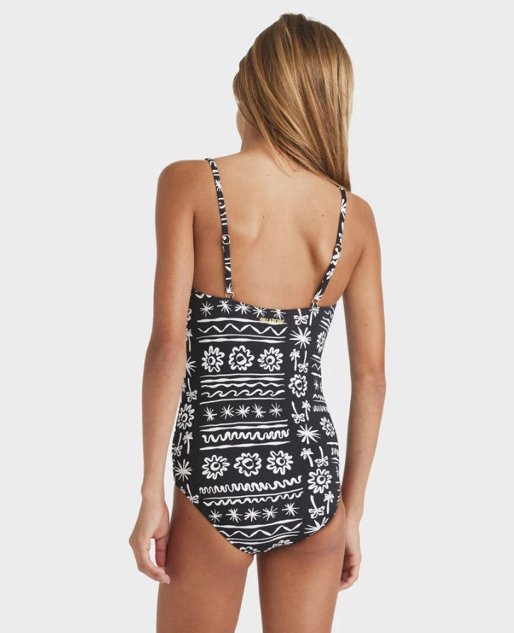Billabong Lost On You One Piece Swimwear in black with white print from rear on girl model