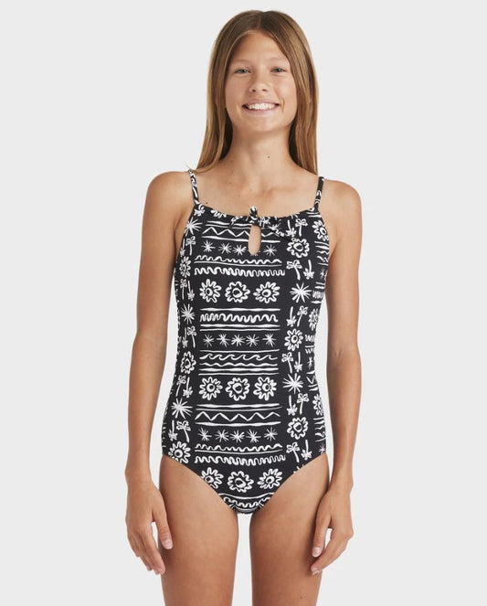 Billabong Lost On You One Piece Swimwear in black with white print from front on girl model