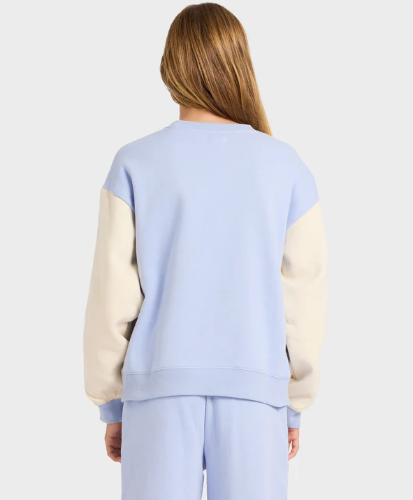 Billabong Old Dayz Girl's Crew in twilight blue with off white on young model from the rear close up