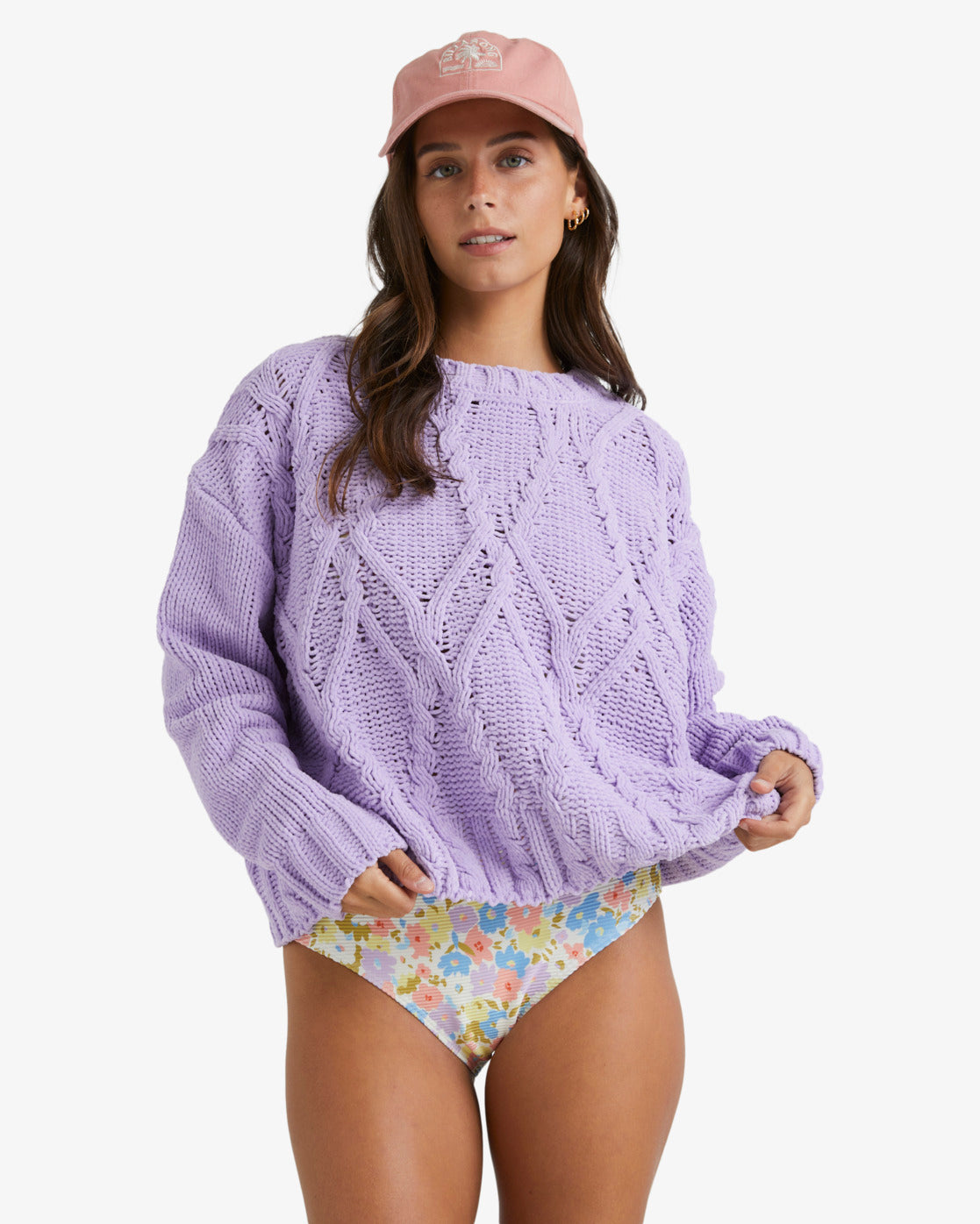 Billabong Only Mine Knit Sweater in peaceful lilac colourway on model from front