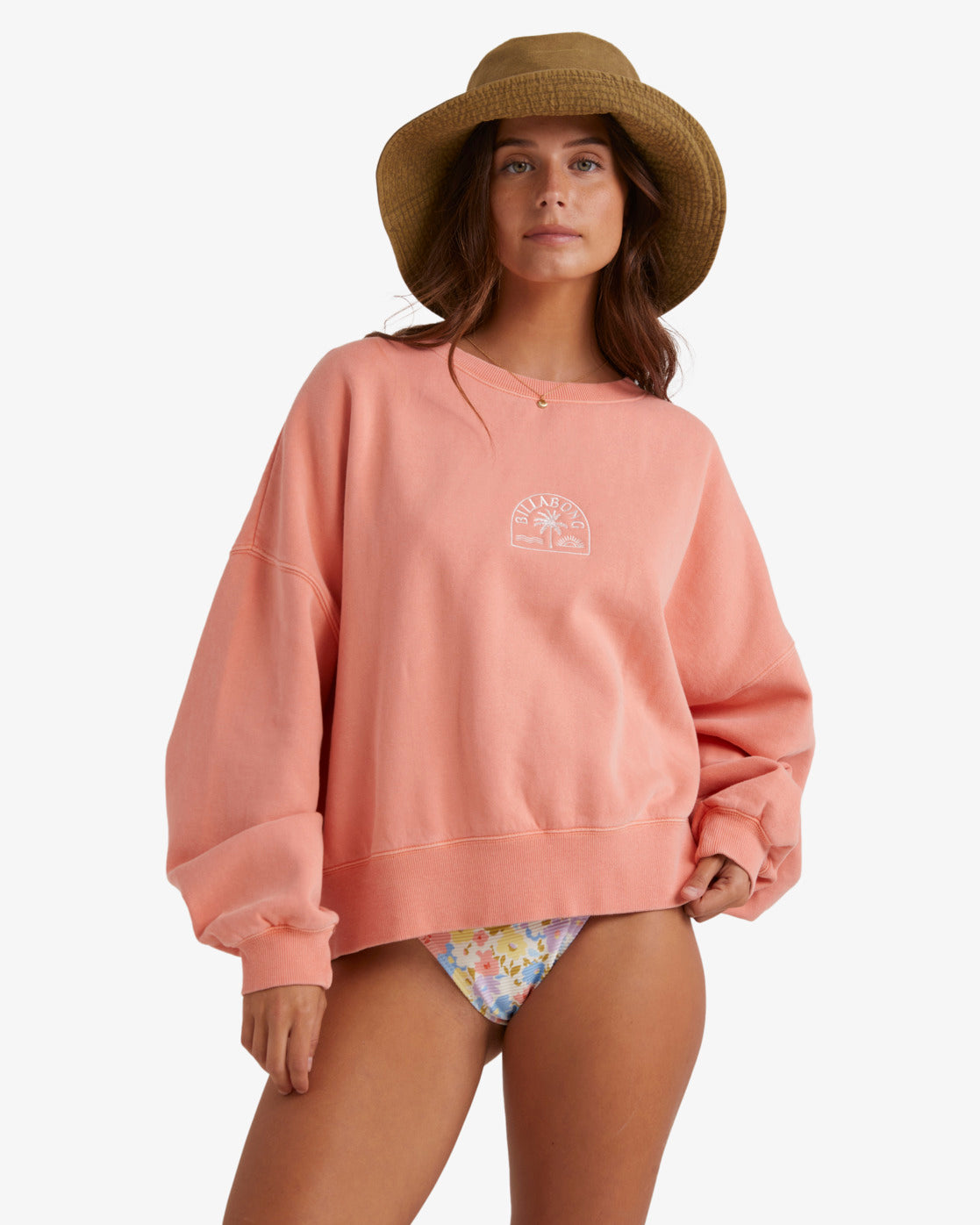 Billabong Salty Babe Cabo Crew on model from front in peach colourway