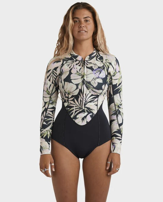 Billabong Salty Dayz Natural 2mm L/S Spring womens Wetsuit in black and floral on model from front