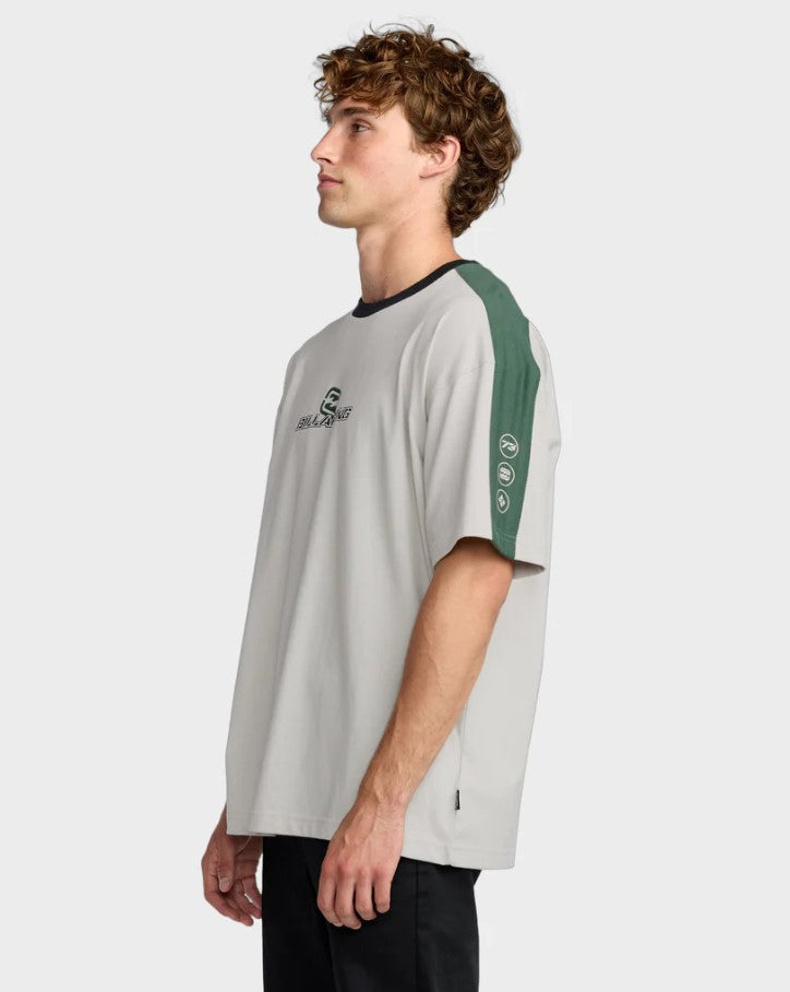 Billabong Spec 73 Iconic T-Shirt in silver with green arm stripe from side
