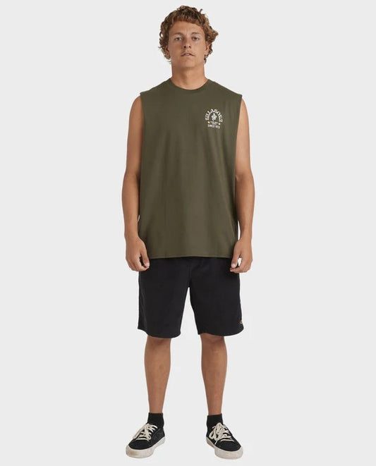 Billabong Snakey Arch Muscle Tee in dark military colourway on model from front