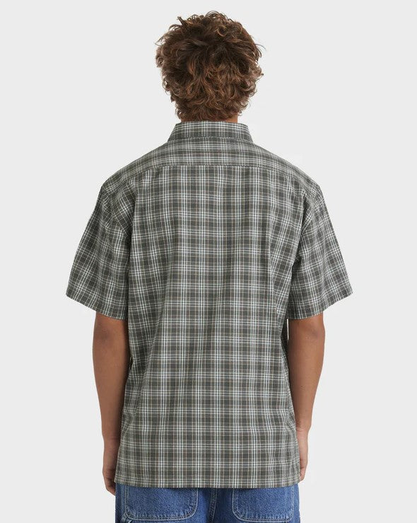 Billabong Spec Mogul Short Sleeve Shirt in dark forest colourway on model from rear with white background