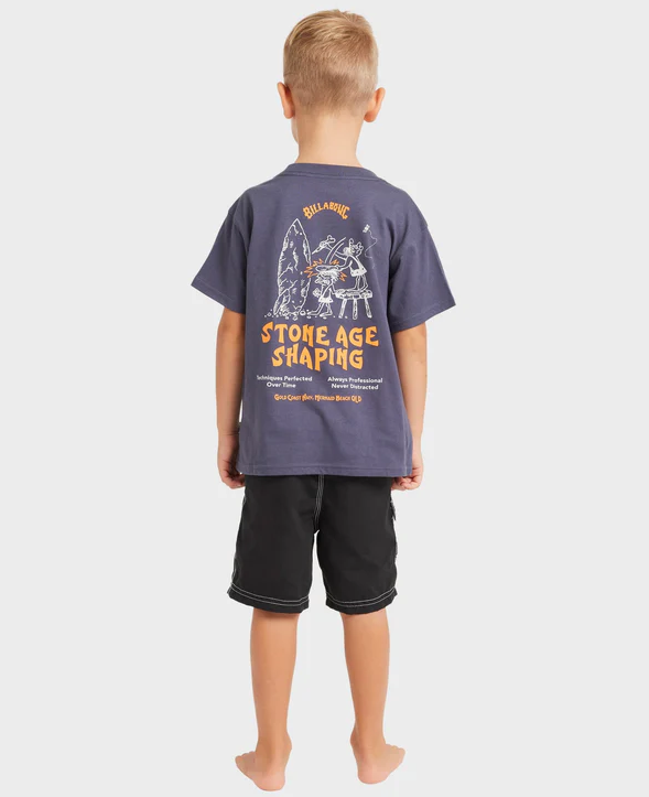 Billabong Groms Stone Age OG T-Shirt on child model in vintage navy colour from rear