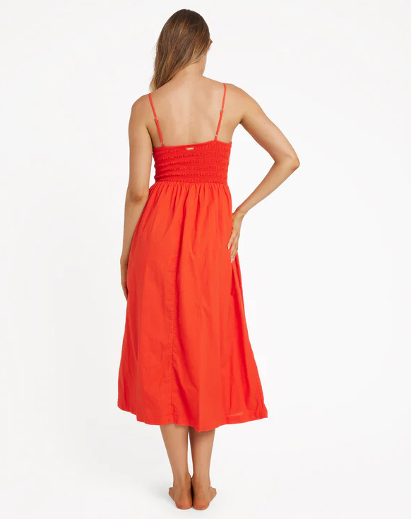Billabong Such A Trip Dress in red aloha on model from rear