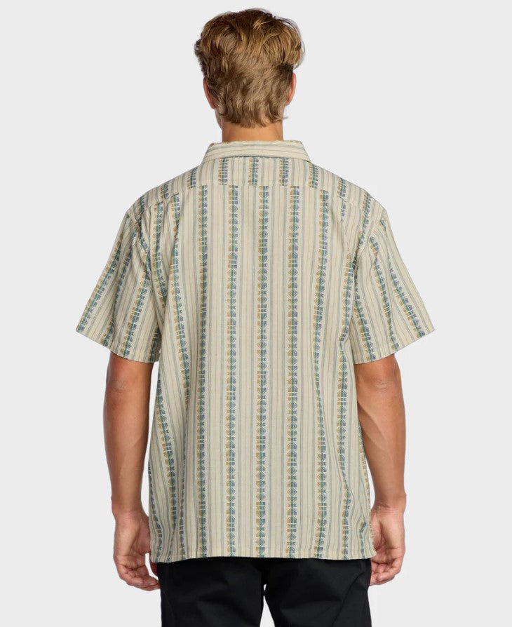 Billabong Sundays Jacquard Short Sleeve Shirt in cream with green detailed stripes from rear