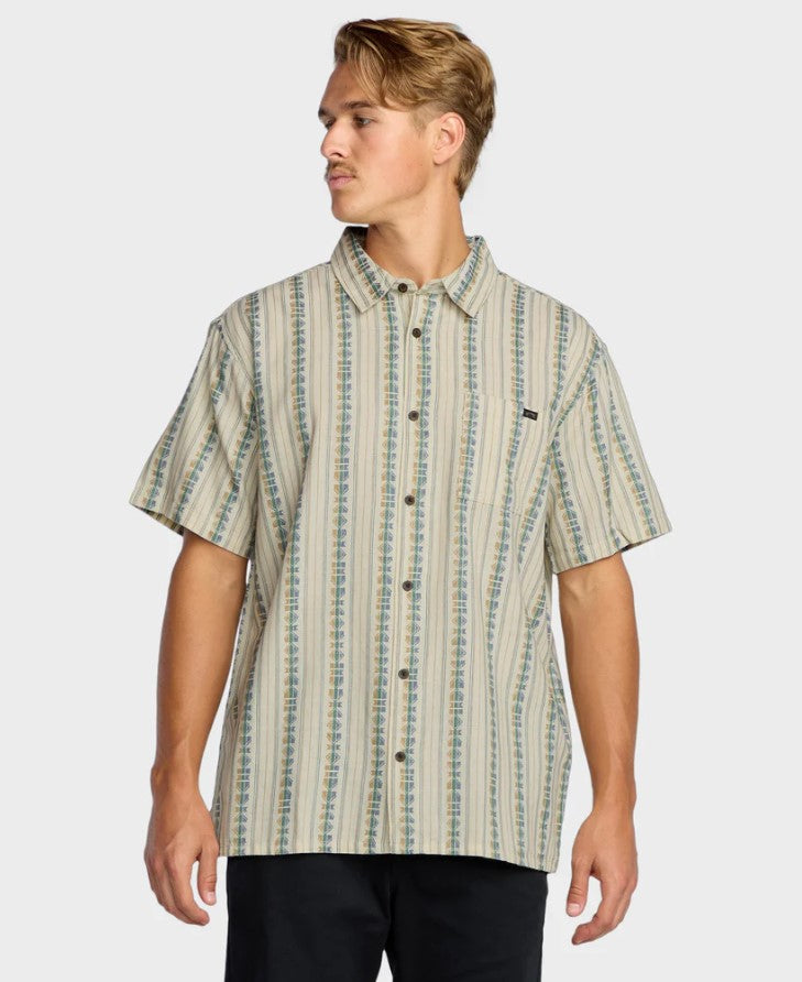 Billabong Sundays Jacquard Short Sleeve Shirt in cream with green detailed stripes from front