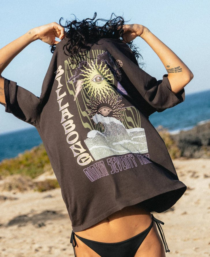 Billabong Swell Trip Womens Tee in off black on model at beach