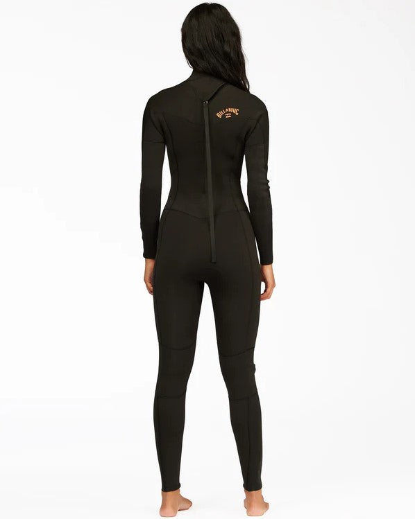 Billabong Womens Synergy 4/3mm Back Zip Wetsuit in black tie dye on model from rear