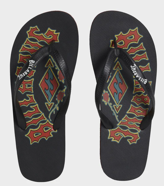 Billabong Tides Jandals in black with red multi coloured base printing showing pair from above