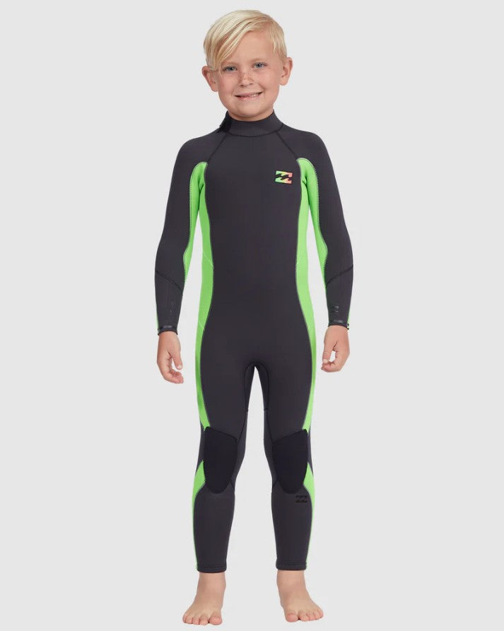 Billabong Toddlers 3/2mm Absolute Flat locked Wetsuit in neon green onmodel from front