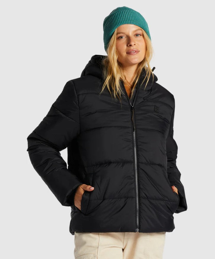 Billabong Transport Womens Puffer 4 Jacket in black from front