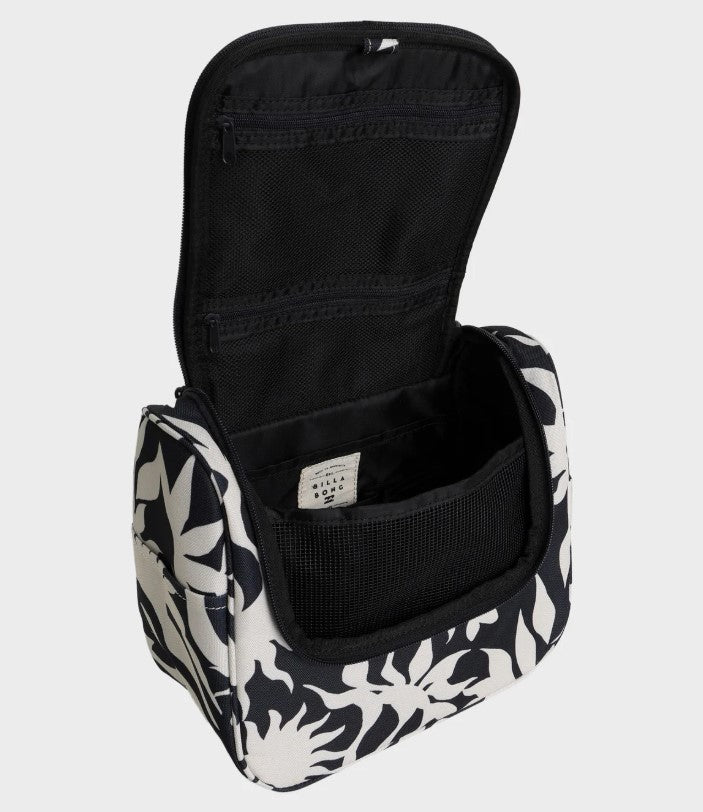 Billabong Travel Beauty Make Up Bag in black with white detail showing opened up detail