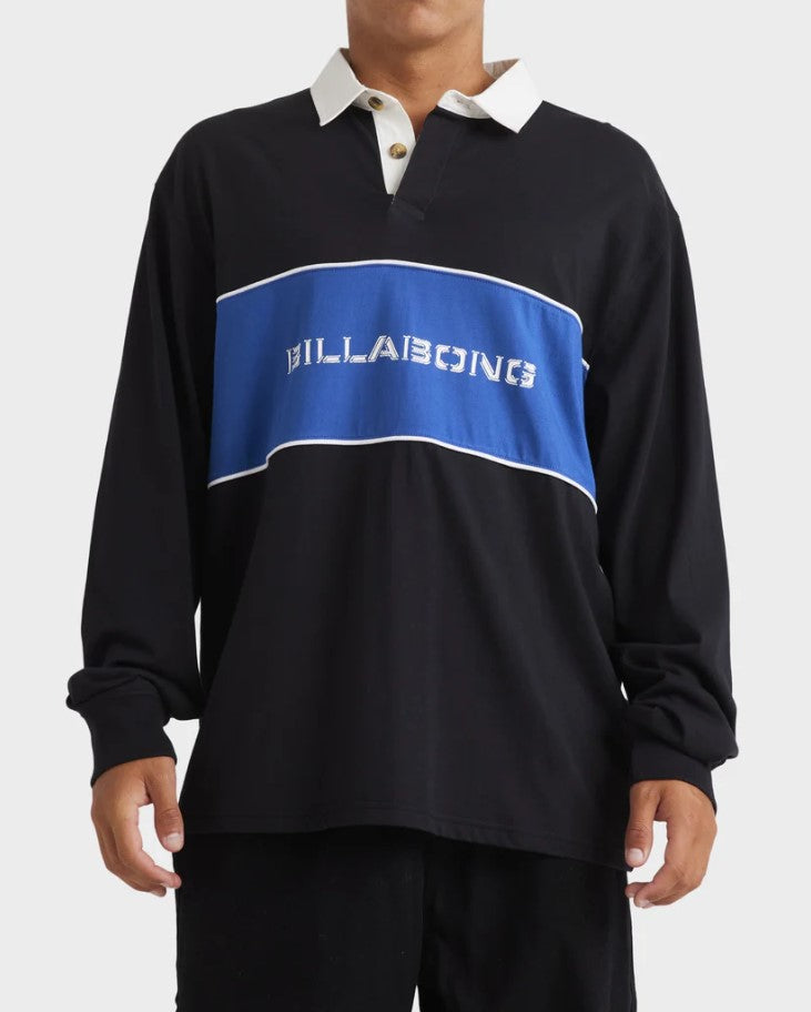 Billabong Warped Long Sleeve Rugby Jersey studio shot in black with blue and white detailing