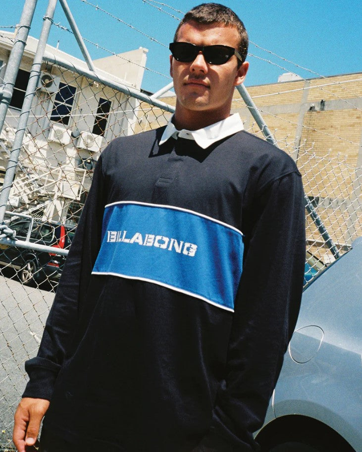Billabong Warped Long Sleeve Rugby Jersey in black with blue and white detailing