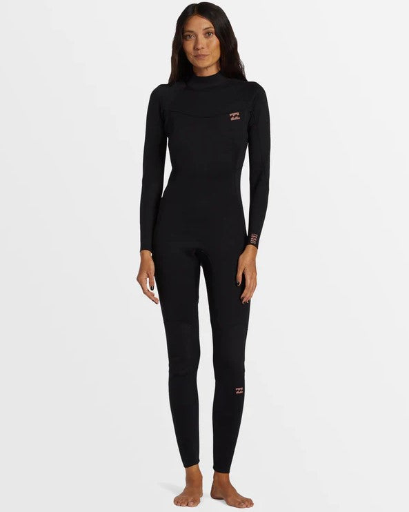 Billabong Womens Foil 3/2mm Back Zip Flatlocked Wetsuit in black on model from front