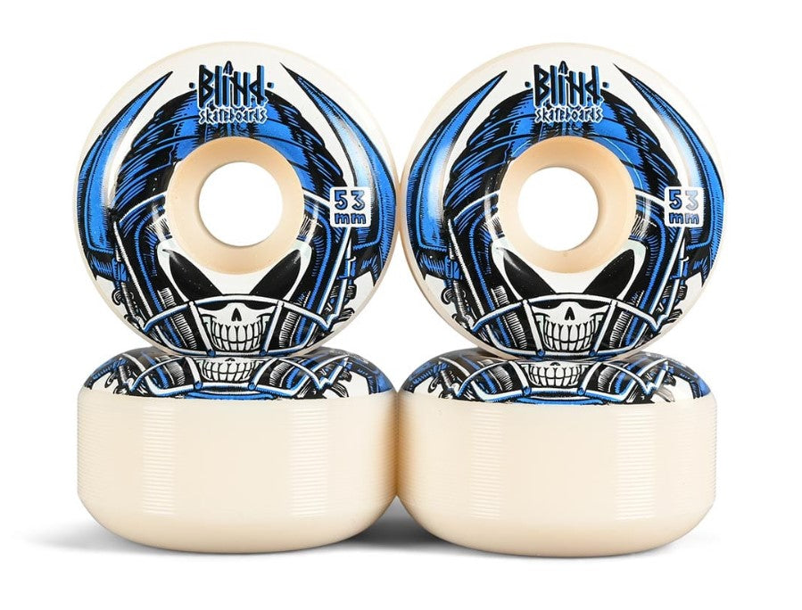 Blind Reaper Helmet 53mm Skateboard Wheel Set in white with blue and black print