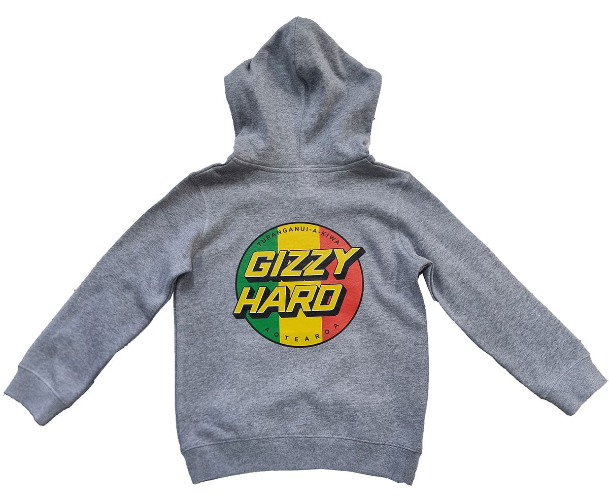Gizzy Hard Kids Tribute Hoodie in grey marle form rear with rasta print