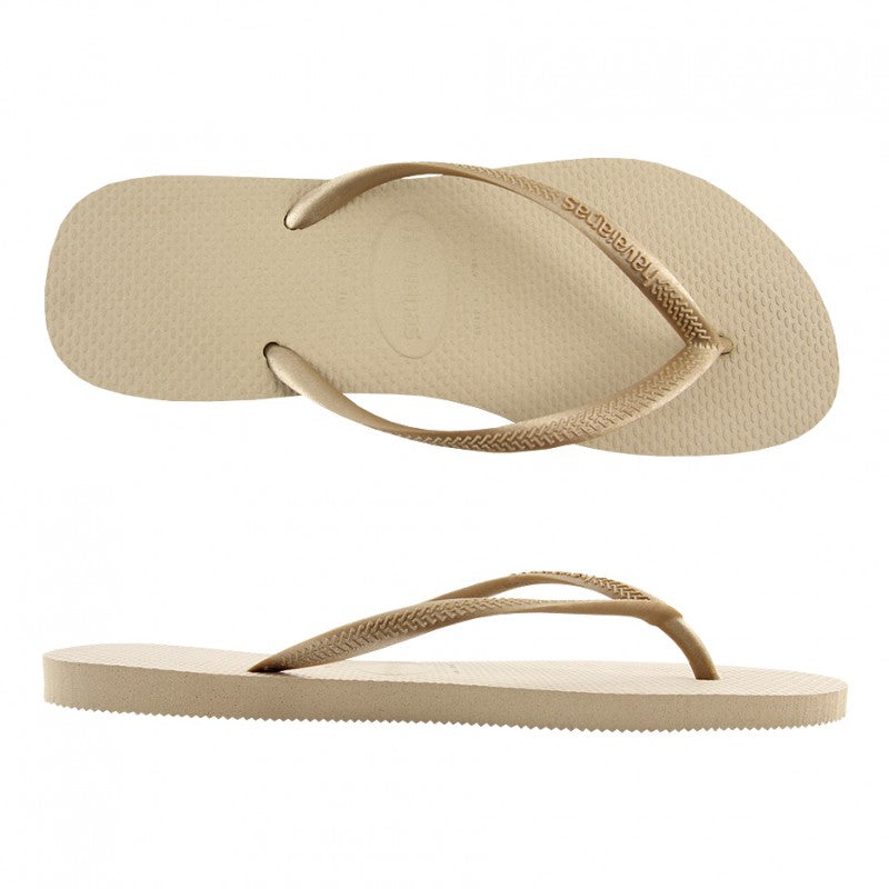 HAVAIANAS SLIM GOLD JANDALS in sand grey colourway