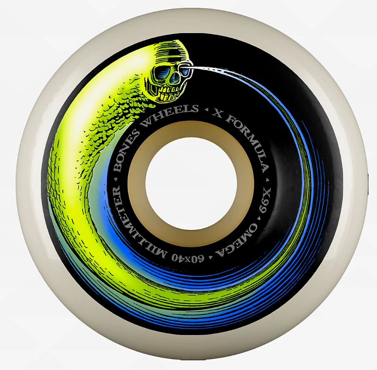 Bones X-Formula Omega 99A4 60mm Skateboard Wheels in white with multi coloured decals