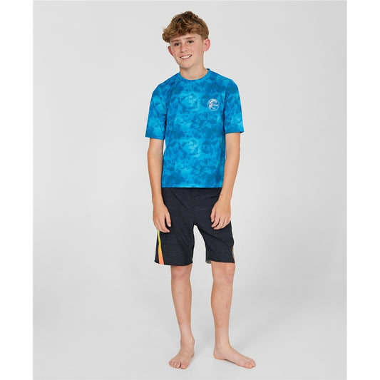 O'Neill Dopedye Boys UV Surf Tee  in blue on model in black boardshorts