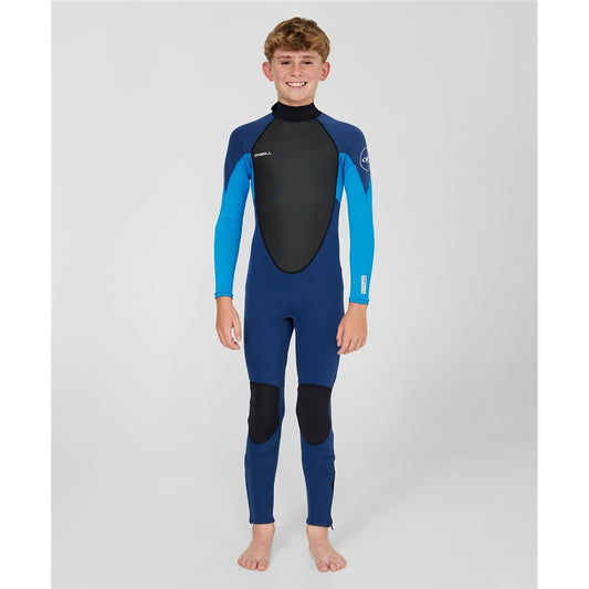 O'Neill Youth Reactor 3/2mm Back Zip Wetsuit in navy, blue and black on model from front