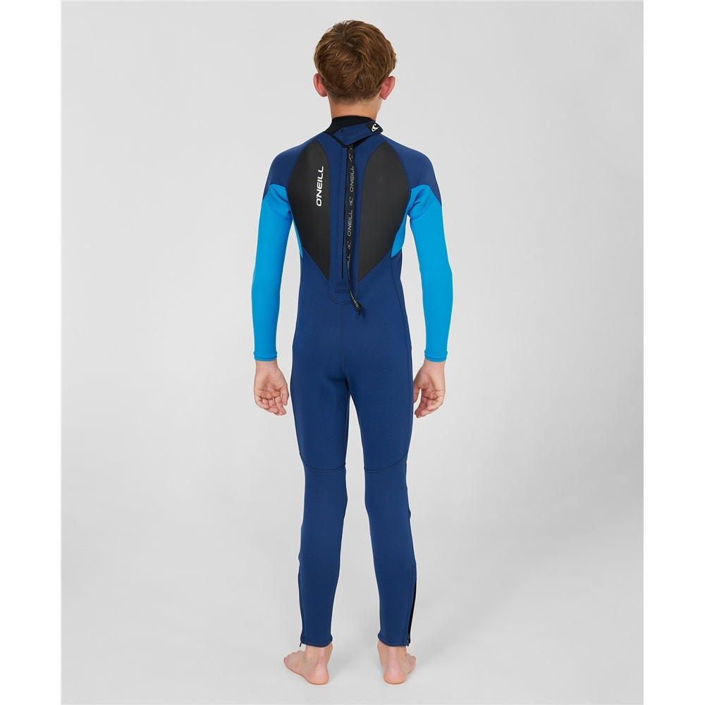 O'Neill Youth Reactor 3/2mm Back Zip Wetsuit in navy, blue and black on model from rear