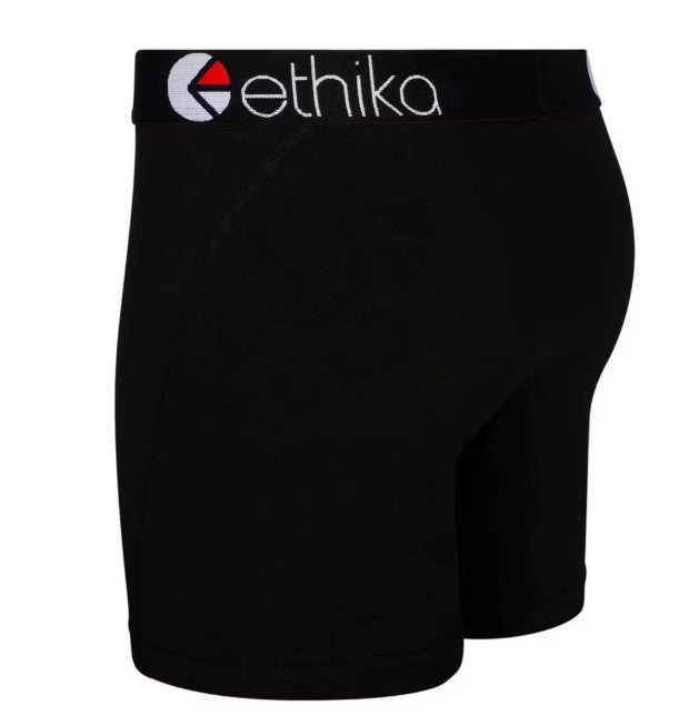 Ethika Blackout Mens Mid Boxers in black from the side with ethika branded waistband