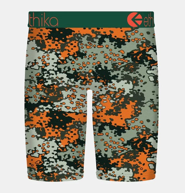 Ethika Boys Bomber Tested Staple Underwear in green and orange digital camo from rear