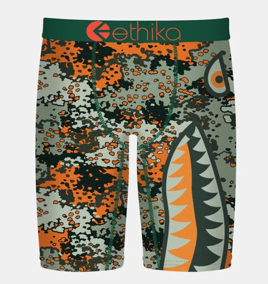 Ethika Boys Bomber Tested Staple Underwear in green and orange digital camo from front