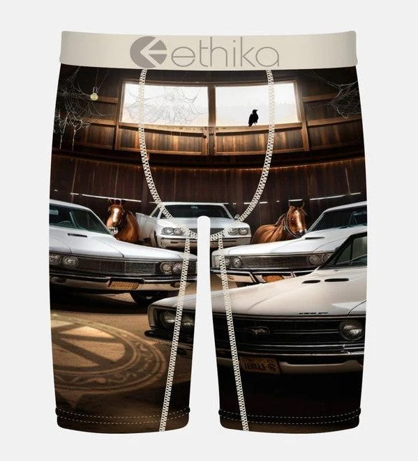 Ethika Bright Barn Staple Boys Boxers with american muscle cars and horses printed on them