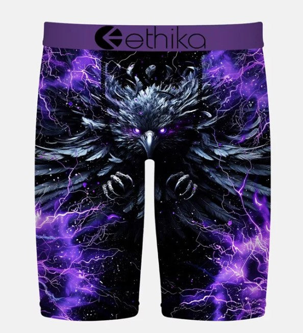 Ethika Flock Staple Boys Boxers
 in black and purple with a bird on the front