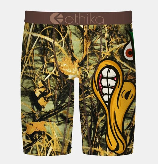 Ethika Boys Mallard Menace Staple Underwear in multicolour camo with duck from front