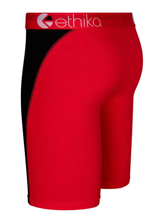 Ethika Red OG STaple Mens Boxers in black and red showing the rear view which is mainly red