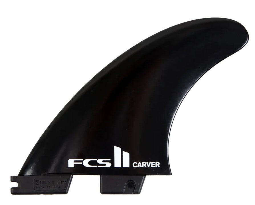 FCS II Carver Black Large Tri Surfboard Fin Set in black showing one fin