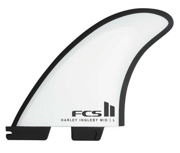 FCS II Harley Mid PC Tri Surfboard Fin Set in white with black detail