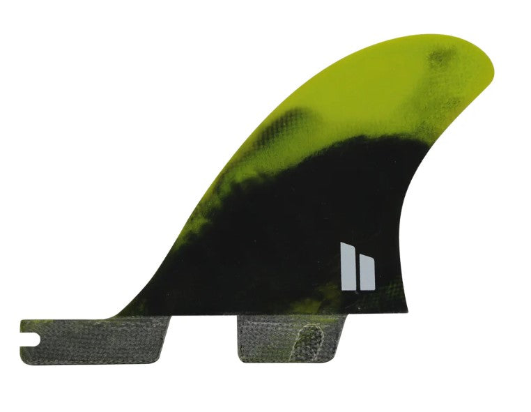 FCS II MR Twin + 1 Performance Core M/L Surfboard Fins
 in cyber lime and black colourway showing the rear fin